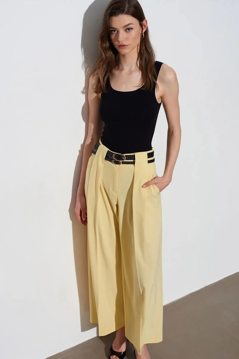 Dilvin Lemon Yellow DILVIN High-Waist Wide-Leg Pleated Trousers for Women | Best Price UAE