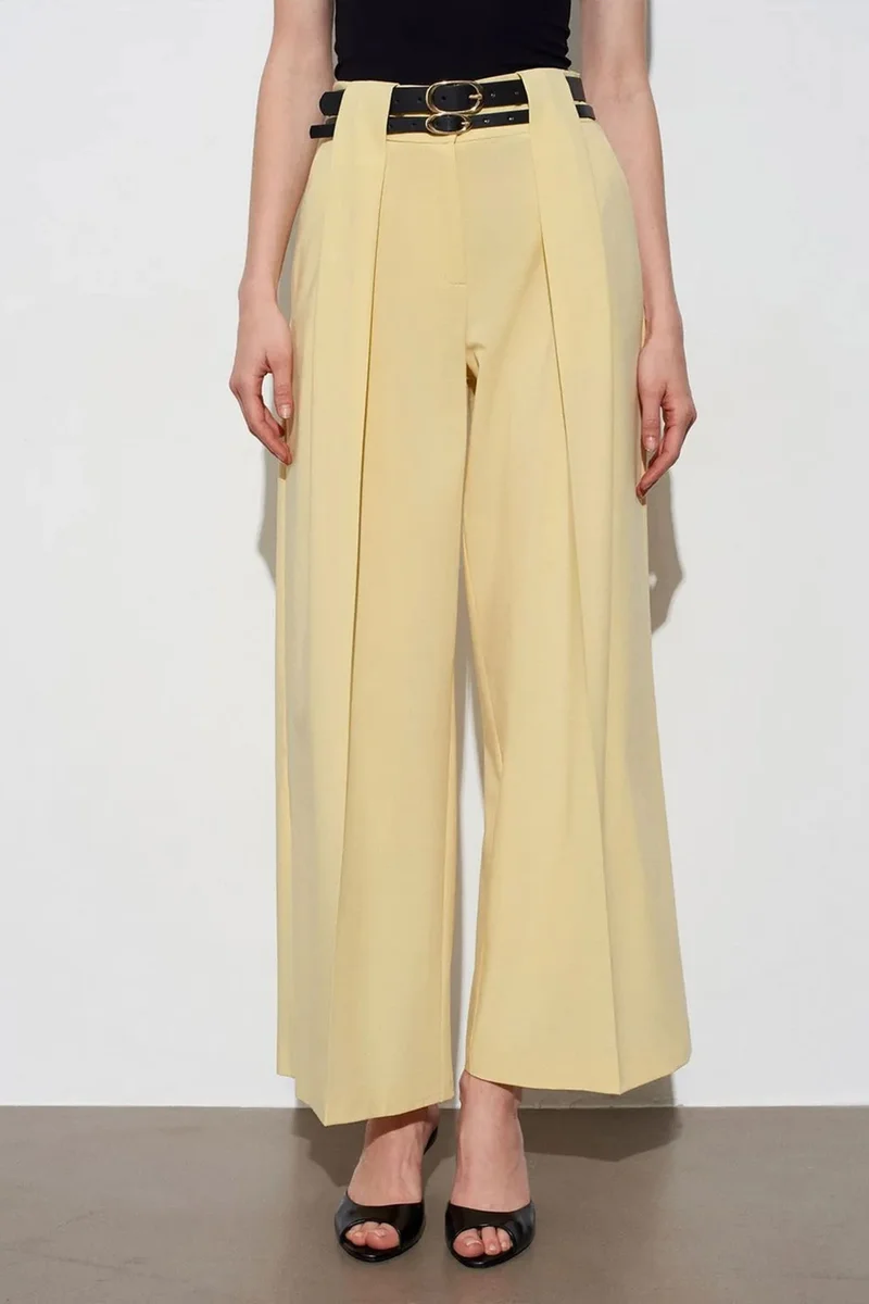 Dilvin Lemon Yellow DILVIN High-Waist Wide-Leg Pleated Trousers for Women | Best Price UAE