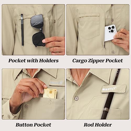 Satankud Men's Long Sleeve Fishing Shirts UPF 50+ Sun Protection Lightweight Hiking Travel Work Button Down Shirt Zipper Pocket (Khaki,Small) - Image 5