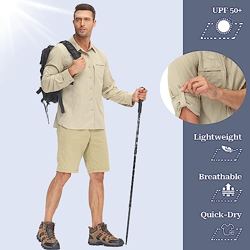 Satankud Men's Long Sleeve Fishing Shirts UPF 50+ Sun Protection Lightweight Hiking Travel Work Button Down Shirt Zipper Pocket (Khaki,Small) - Image 4