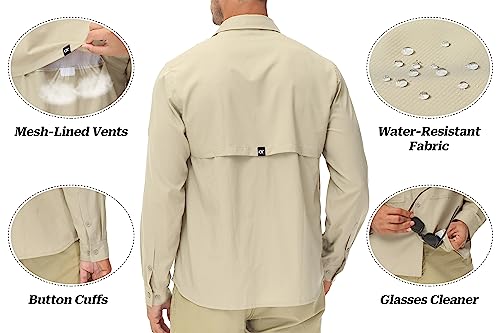 Satankud Men's Long Sleeve Fishing Shirts UPF 50+ Sun Protection Lightweight Hiking Travel Work Button Down Shirt Zipper Pocket (Khaki,Small) - Image 3