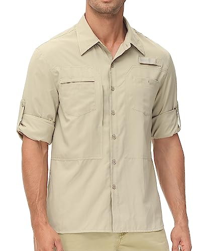 Satankud Men's Long Sleeve Fishing Shirts UPF 50+ Sun Protection Lightweight Hiking Travel Work Button Down Shirt Zipper Pocket (Khaki,Small) - Image 2