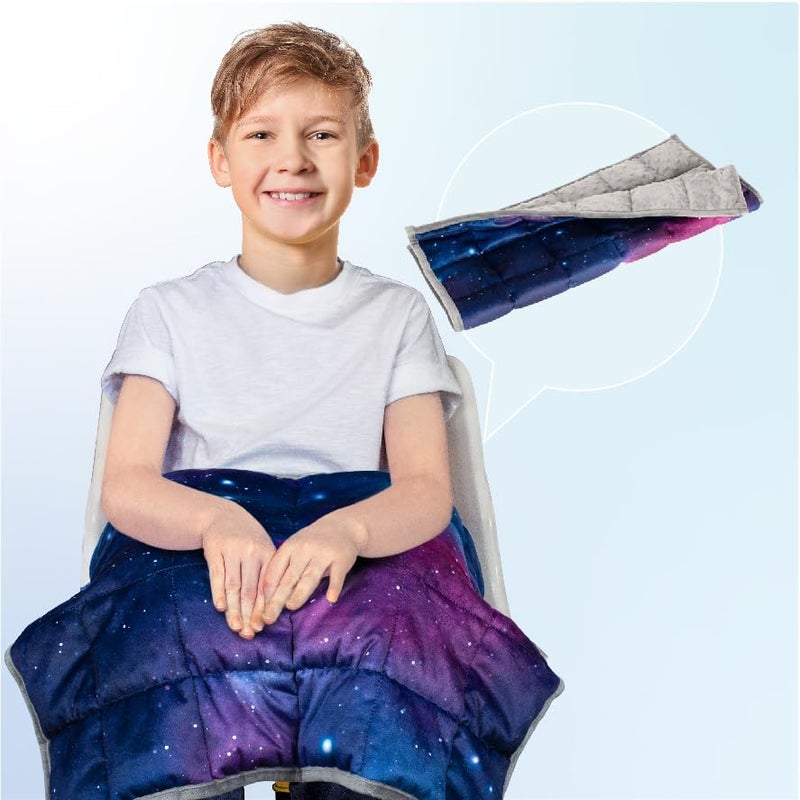 Solfres 5lbs Small Weighted Lap Pad Blanket Throw for Kids Boys Teens 20in x 23in - Sleep Therapy Plush Travel Size with Glass Beads, Blue Pink Galaxy Space Stars - Image 1