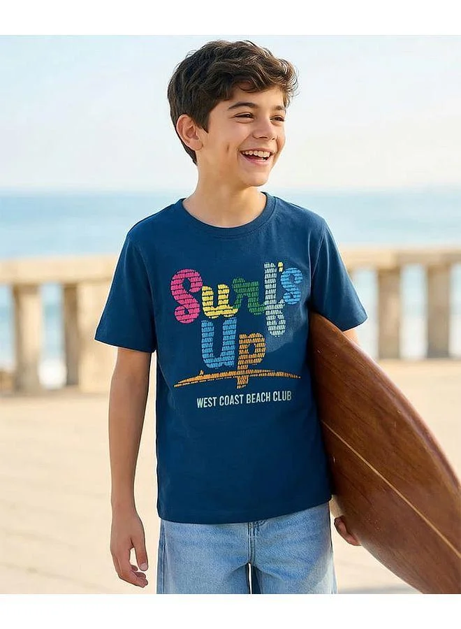 Pine Kids Pine Kids Cotton Knit Half Sleeves T-Shirt with Text Print - Navy Blue