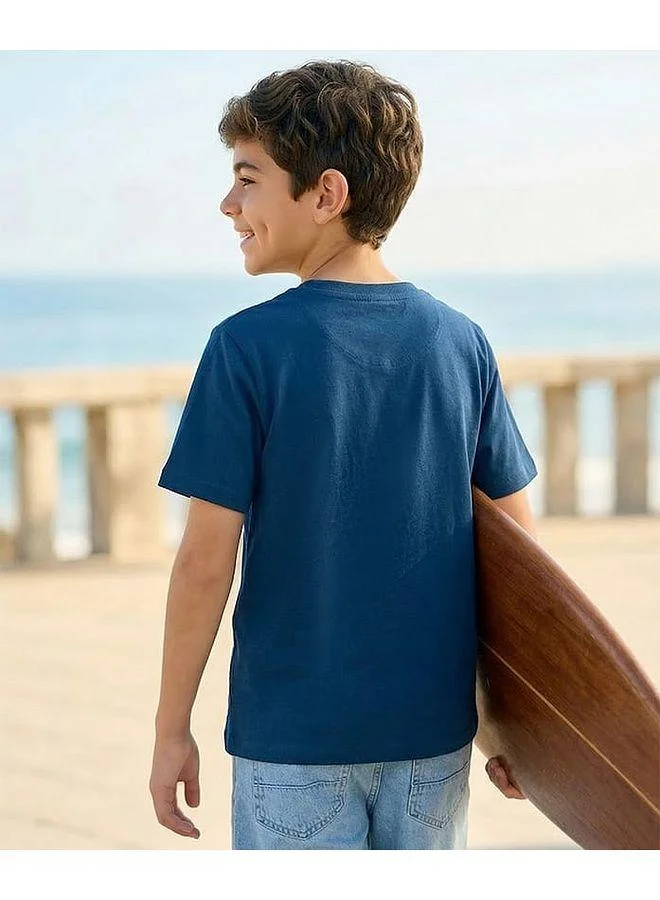 Pine Kids Pine Kids Cotton Knit Half Sleeves T-Shirt with Text Print - Navy Blue