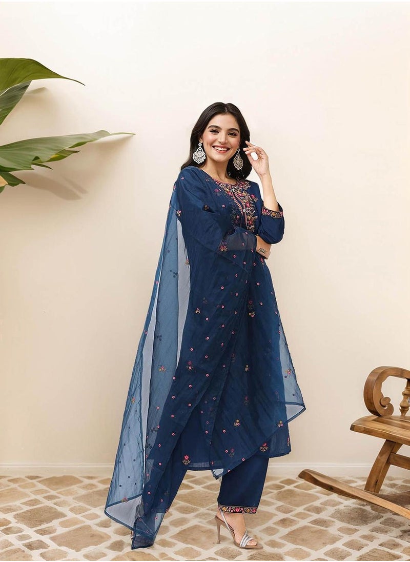 ISHIN Women's Blue Modal Chanderi Embellished Tunic Full Length Casual Straight Fit Kurta Set  - Image 3