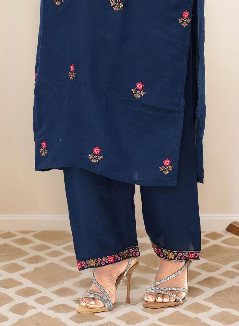 ISHIN Women's Blue Modal Chanderi Embellished Tunic Full Length Casual Straight Fit Kurta Set  - Image 5