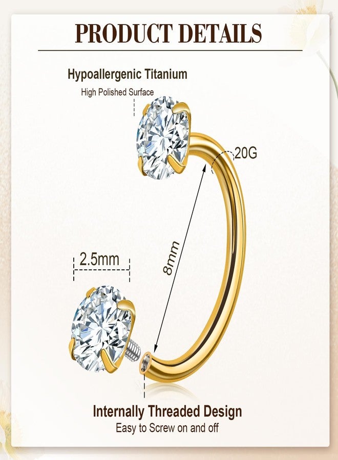 ONESING ONEISNG 20G Gold Horseshoe Nose Ring G23 Titanium Internally Threaded Nose Ring For Women Men Double Cubic Zirconia Half Nose Hoop Rings Horse Shoe Daith Tragus Earring Lip Septum Rings Helix Piercing Jewelry 8mm - Image 2