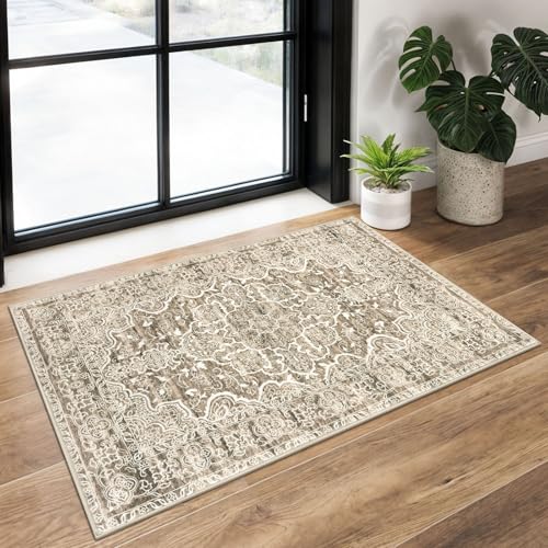 KUTA Vintage Small Area Rug 2x3 Beige Brown Washable Entryway Rugs Non-Slip Ultra Soft Printed Medallion Distressed Floral Small Accent Carpet Farmhouse Throw Doormat for Entrance - Image 1