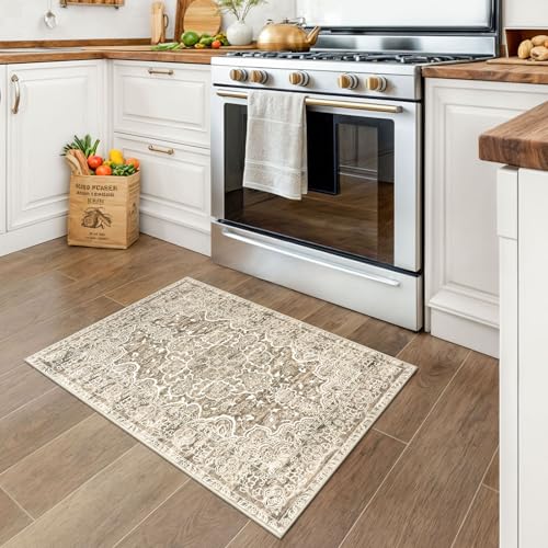 KUTA Vintage Small Area Rug 2x3 Beige Brown Washable Entryway Rugs Non-Slip Ultra Soft Printed Medallion Distressed Floral Small Accent Carpet Farmhouse Throw Doormat for Entrance - Image 2