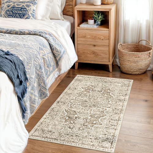 KUTA Vintage Small Area Rug 2x3 Beige Brown Washable Entryway Rugs Non-Slip Ultra Soft Printed Medallion Distressed Floral Small Accent Carpet Farmhouse Throw Doormat for Entrance - Image 3