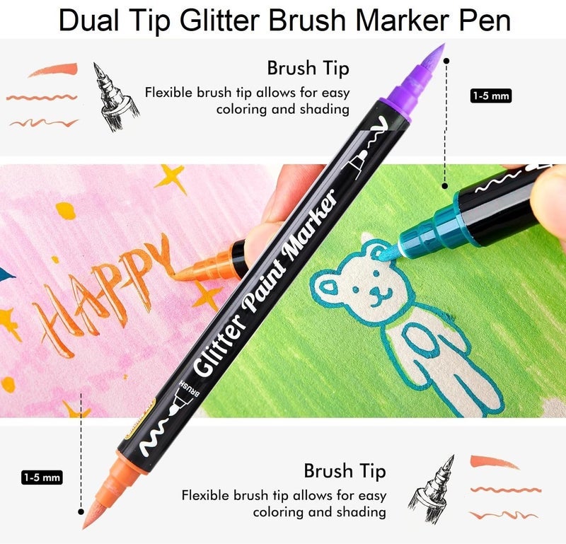 Amitasha 24 Color Shades Art Marker Glitter Brush Pen Set Soft Dual Tip Water-based Shimmer Colors Sketch Pen for Kids Adults DIY Greeting Birthday Cards Scrapbook (12 Pen = 24 Colours) - Image 2