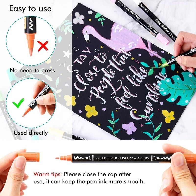 Amitasha 24 Color Shades Art Marker Glitter Brush Pen Set Soft Dual Tip Water-based Shimmer Colors Sketch Pen for Kids Adults DIY Greeting Birthday Cards Scrapbook (12 Pen = 24 Colours) - Image 3