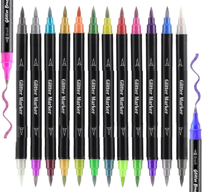 Amitasha 24 Color Shades Art Marker Glitter Brush Pen Set Soft Dual Tip Water-based Shimmer Colors Sketch Pen for Kids Adults DIY Greeting Birthday Cards Scrapbook (12 Pen = 24 Colours) - Image 1