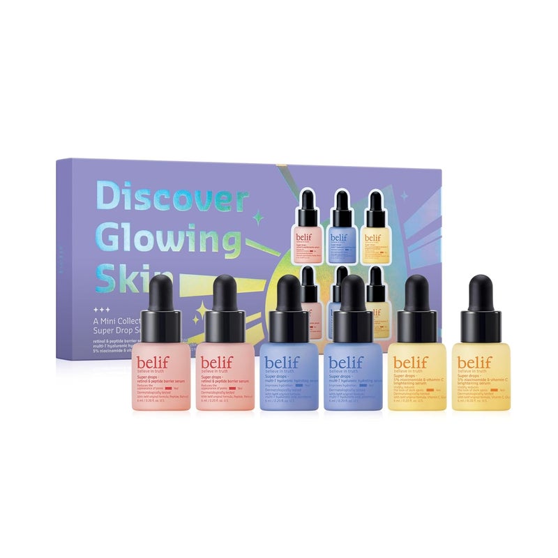 belif Discover Glowing Skin Mini Kit Peptides Firming Serum Multi7Hyaluron Hydrating Serum Vitamin C Serum Super Drops Trial Set Hyaluronic Acid 5 Niacinamide Retinol Korean Skin Care