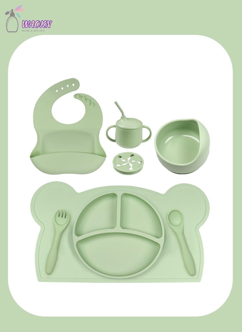 WAOKN 8-Piece Baby Silicone Tableware Set, Special For Infants To Eat Their Own Training Tableware Set, Including Dinner Plate, Complementary Food Bowl, Sippy Cup, Bib, Placemat, Fork, Spoon, Snack Cover  - Image 1