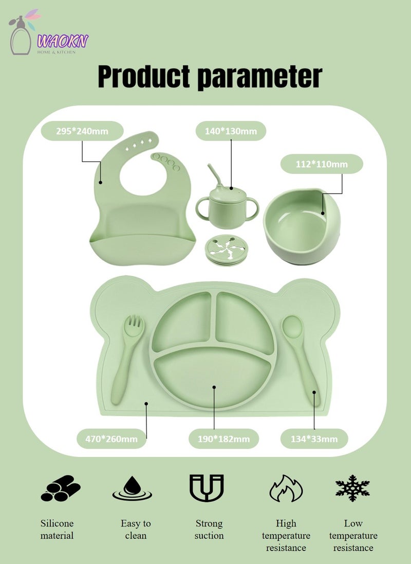 WAOKN 8-Piece Baby Silicone Tableware Set, Special For Infants To Eat Their Own Training Tableware Set, Including Dinner Plate, Complementary Food Bowl, Sippy Cup, Bib, Placemat, Fork, Spoon, Snack Cover  - Image 2