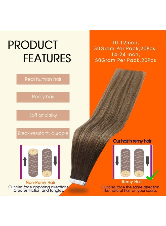 Full Shine Brown Tape in Hair Extensions Human Hair 20 Inch Tape in Extensions 2/3/27 Brown Roots Caramel Blonde Human Hair 50 Gram 20 Pcs Skin Weft Human Hair Extensions Double Sided Tape Hair - Image 2