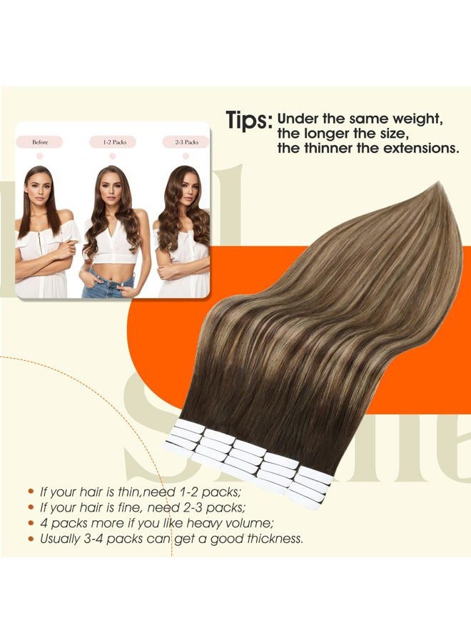 Full Shine Brown Tape in Hair Extensions Human Hair 20 Inch Tape in Extensions 2/3/27 Brown Roots Caramel Blonde Human Hair 50 Gram 20 Pcs Skin Weft Human Hair Extensions Double Sided Tape Hair - Image 4