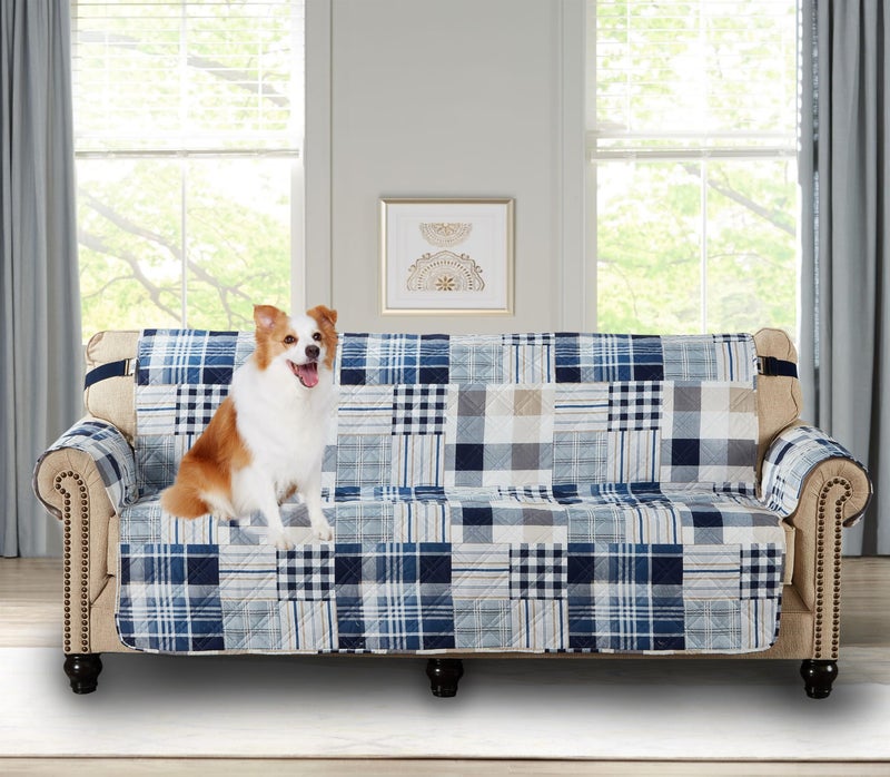 Brilliant Sunshine Brilliant Sunshine Plaids and Stripes Couch Slip Cover Patchwork Design Quilted Slipcover with 2 Strap 70 Seat Slip Resistant Cushion Protector Washable Sofa Covers for Dogs Cats Kids Blue