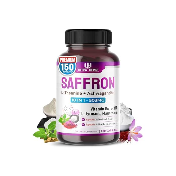 ULTRA HERBS Premium Saffron 10-in-1 – 905 mg with L-Theanine, Ashwagandha, Vitamin B6, 5-HTP, L-Tyrosine & Magnesium – Supports Restful Sleep, Calmness & Well-Being (150 Count, Pack of 1) - Image 1