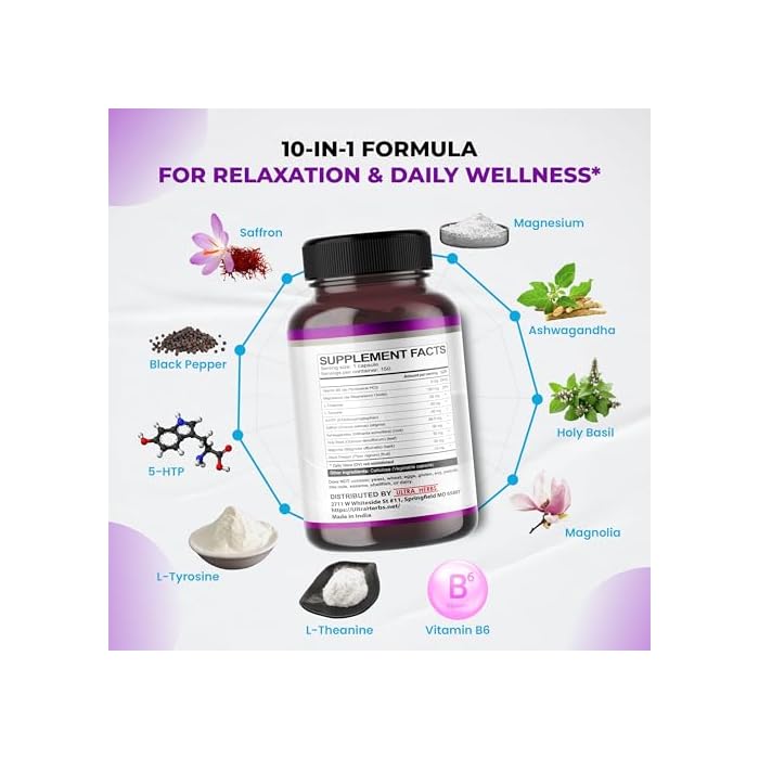 ULTRA HERBS Premium Saffron 10-in-1 – 905 mg with L-Theanine, Ashwagandha, Vitamin B6, 5-HTP, L-Tyrosine & Magnesium – Supports Restful Sleep, Calmness & Well-Being (150 Count, Pack of 1) - Image 4