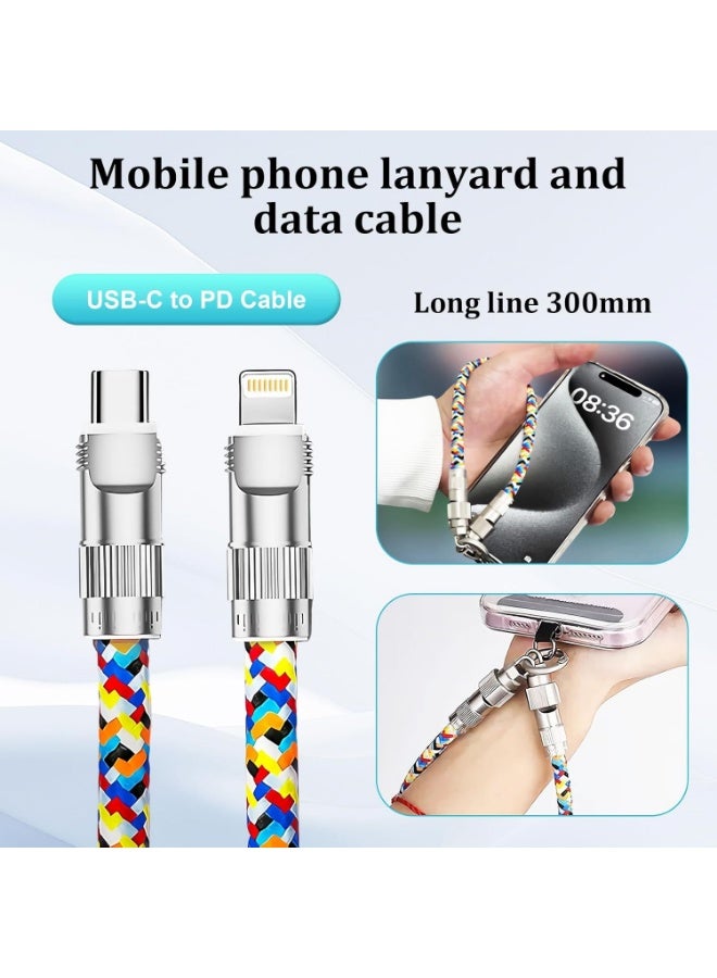 كيبل حبل قصير 2 في 1 60 واط USB-C إلى لايتنينج للشحن السريع مع شريط حبل، حزام جوال مضاد للسرقة 30 سم لايفون 14 13 12 11 برو ماكس ميني 10 8 7 بلس من سوباديس - Image 2