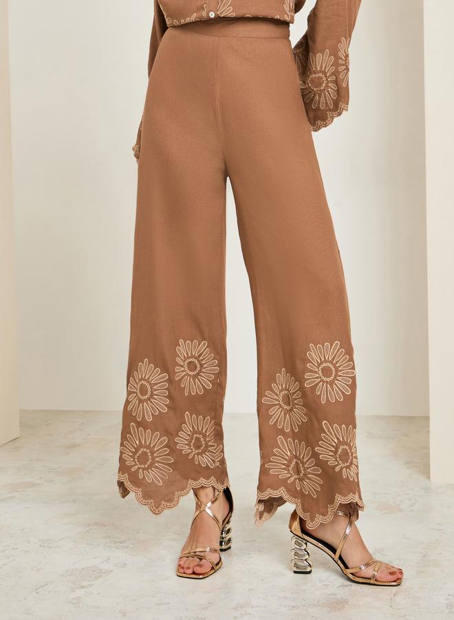 Styli Women Brown Embroidered Wide Leg Trousers - Image 2