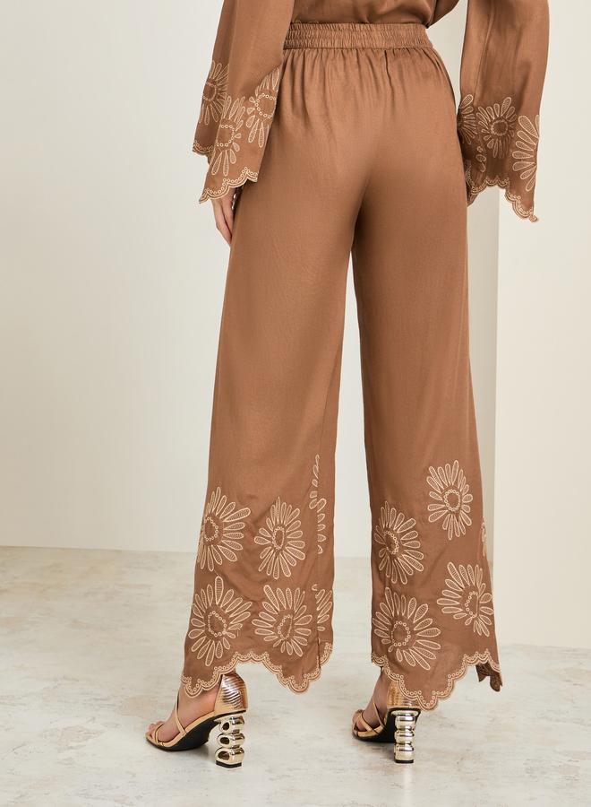 Styli Women Brown Embroidered Wide Leg Trousers - Image 4