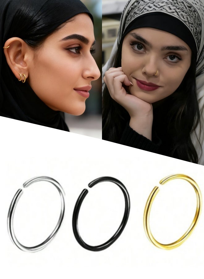 3 قطع 8 مم حلقات أنف صغيرة رفيعة للجنسين ذهبية فضية سوداء مجوهرات ثقب للارتداء اليومي لإطلالات الحفلات والاحتفالات الشاطئية ومغامرات السفر والتصميم غير الرسمي، تناسب غضروف الحاجز الأنفي واللولب والأذن - Image 1