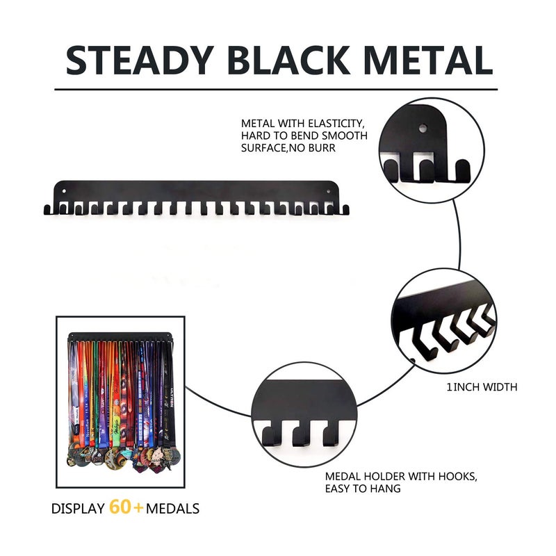 Goutoports Medal Display Hanger - Sport Award Plaques Holder Rack for Wall Mount - Black Steel Metal Holder With 20 Hooks Hold Up 60 Medals Easy to Install - Image 3