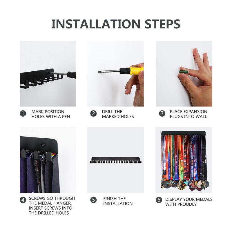 Goutoports Medal Display Hanger - Sport Award Plaques Holder Rack for Wall Mount - Black Steel Metal Holder With 20 Hooks Hold Up 60 Medals Easy to Install - Image 5