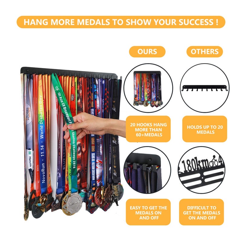 Goutoports Medal Display Hanger - Sport Award Plaques Holder Rack for Wall Mount - Black Steel Metal Holder With 20 Hooks Hold Up 60 Medals Easy to Install - Image 4