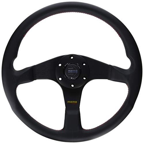 Momo Steering Wheel, Tuner, 350 mm Diameter, 37 mm Dish, 3-Spoke, Black Leather Grip, Aluminum, Black Anodized, Each - Image 1