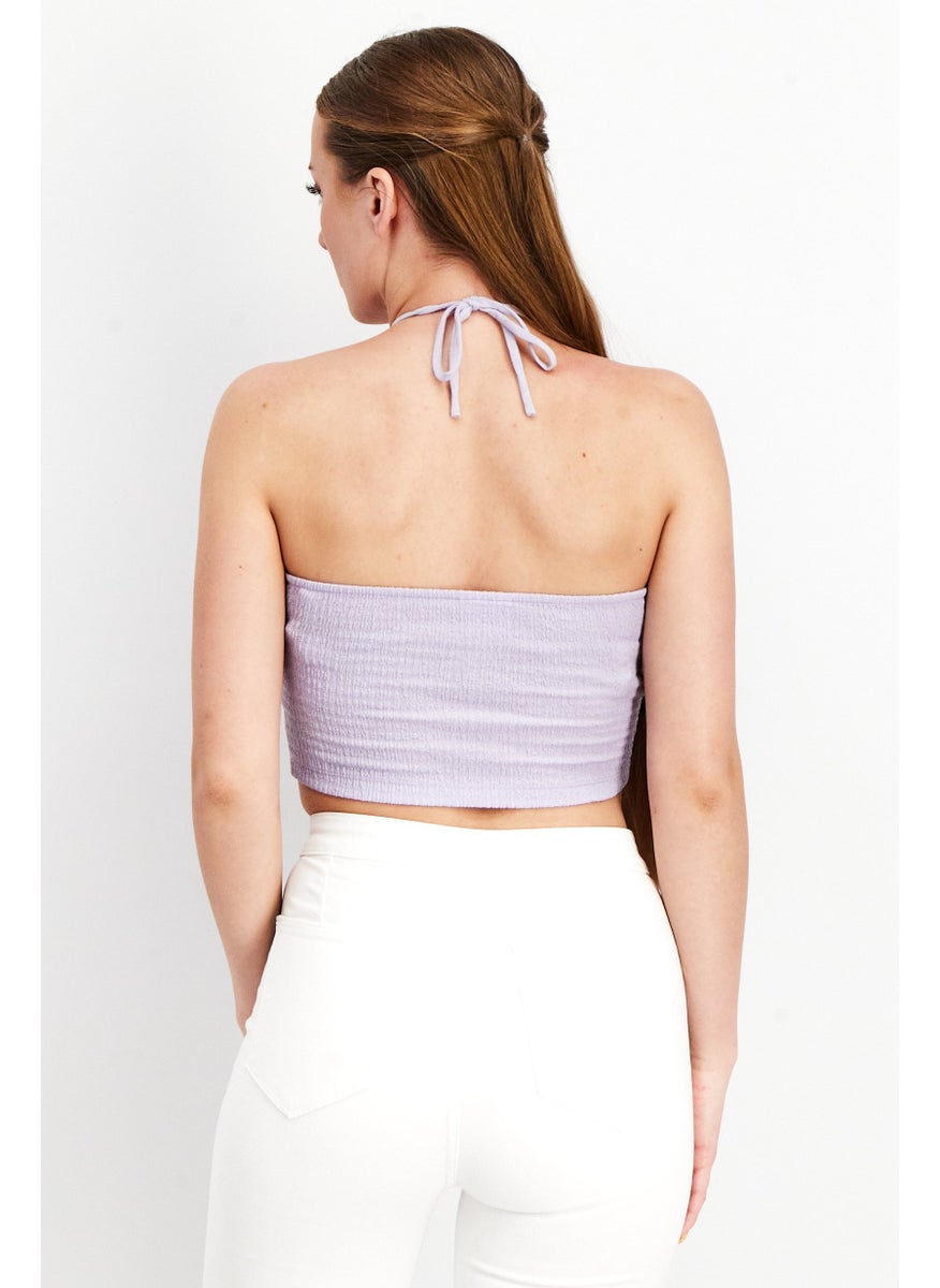 Vila Women Halter Neck Sleeveless Textured Crop Top, Lavender  - Image 3