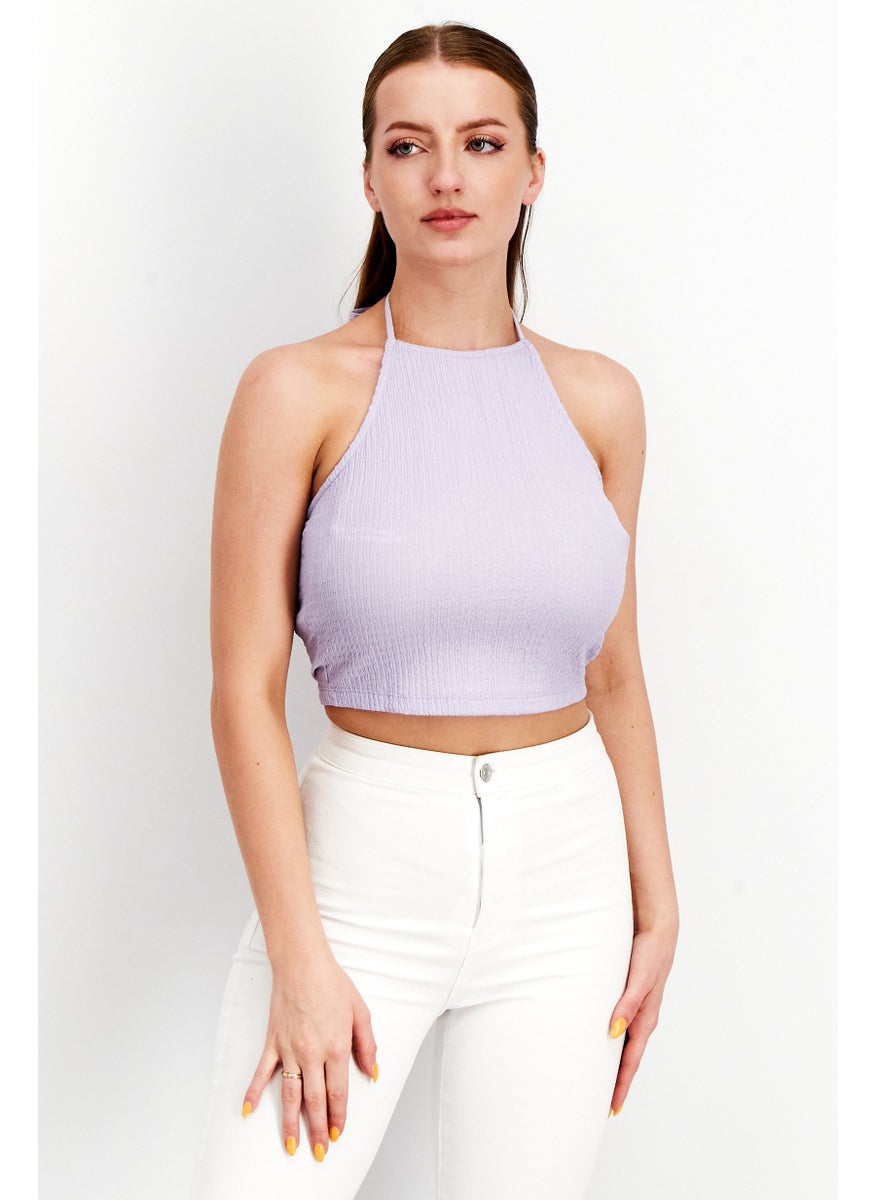 Vila Women Halter Neck Sleeveless Textured Crop Top, Lavender  - Image 1