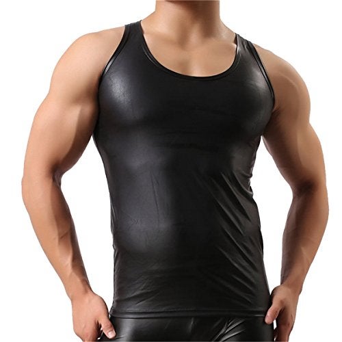 YUFEIDA Men's Faux Leather Vest Undershirt Tank Top Sleeveless Shirt Waistcoats A/Black - Image 3
