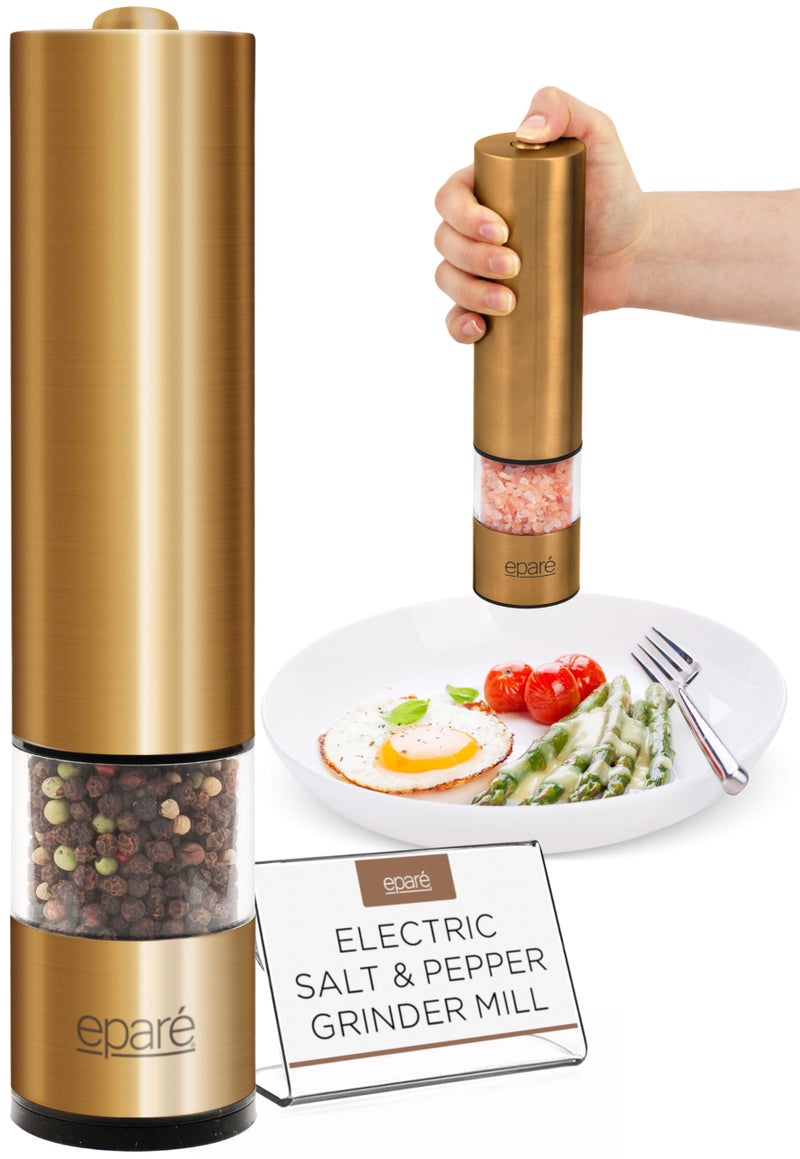 Epar Brass Salt and Pepper Mill Battery Operated Gold Pepper Grinder with Ceramic Burr Automatic Steel Peppermills With LED Light Gold or Brass Color