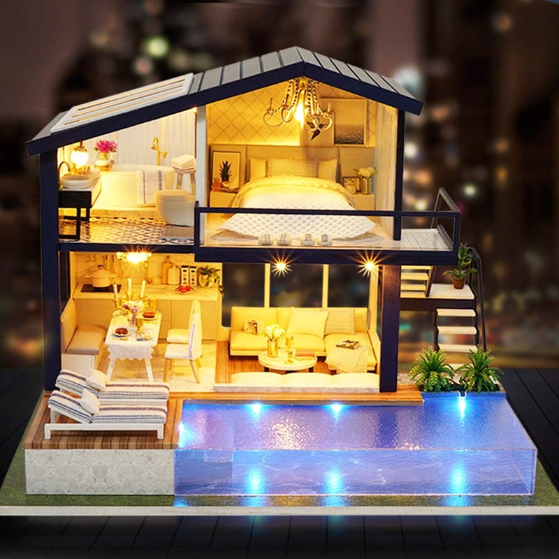 Spilay Dollhouse Miniature with Furniture,DIY Wooden Crafts Doll House Mini Handmade Kit,1:24 Scale Creative Room Idea Gift for Adult Friend Lover (Time Apartment with dust Cover Music Box) - Image 3