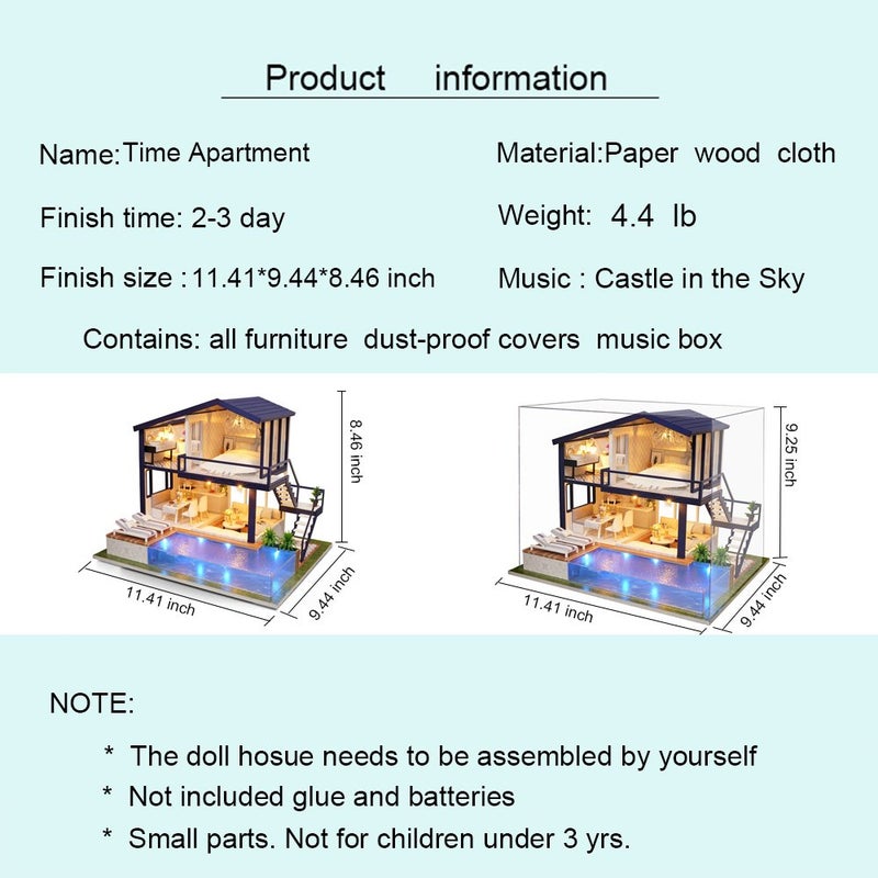 Spilay Dollhouse Miniature with Furniture,DIY Wooden Crafts Doll House Mini Handmade Kit,1:24 Scale Creative Room Idea Gift for Adult Friend Lover (Time Apartment with dust Cover Music Box) - Image 4
