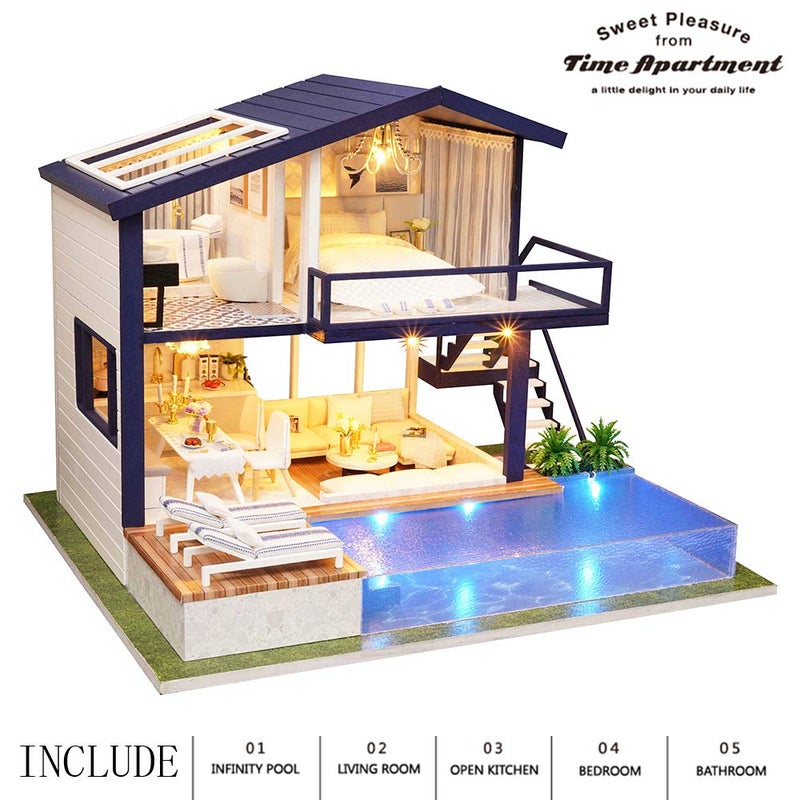 Spilay Dollhouse Miniature with Furniture,DIY Wooden Crafts Doll House Mini Handmade Kit,1:24 Scale Creative Room Idea Gift for Adult Friend Lover (Time Apartment with dust Cover Music Box) - Image 2