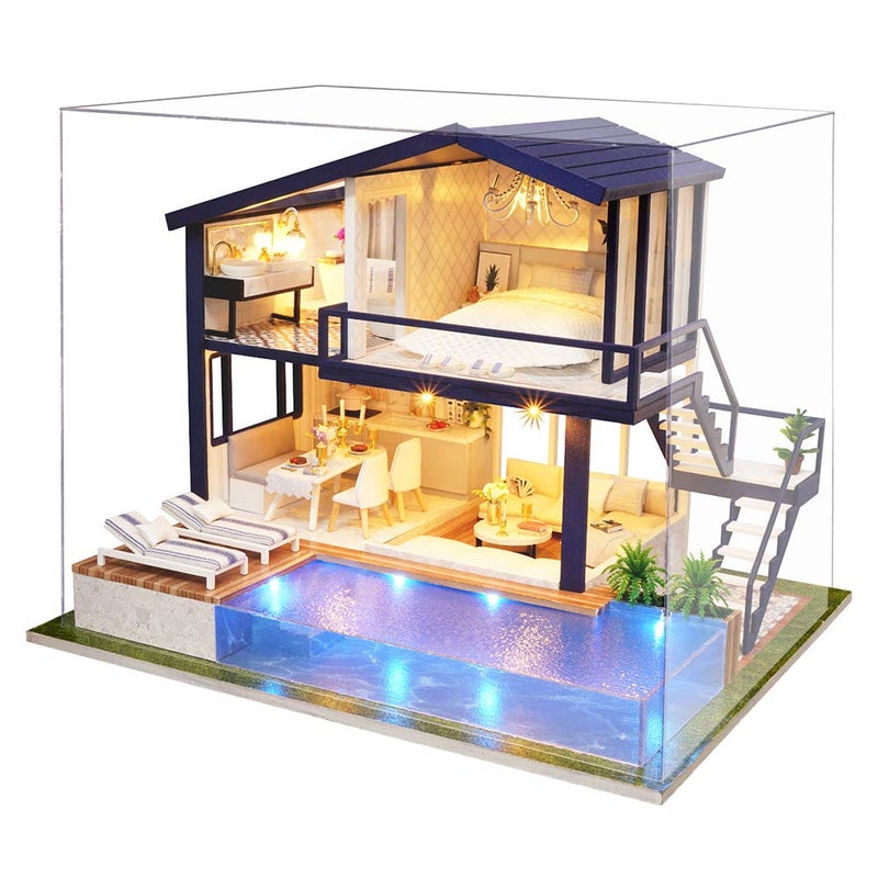 Spilay Dollhouse Miniature with Furniture,DIY Wooden Crafts Doll House Mini Handmade Kit,1:24 Scale Creative Room Idea Gift for Adult Friend Lover (Time Apartment with dust Cover Music Box) - Image 1