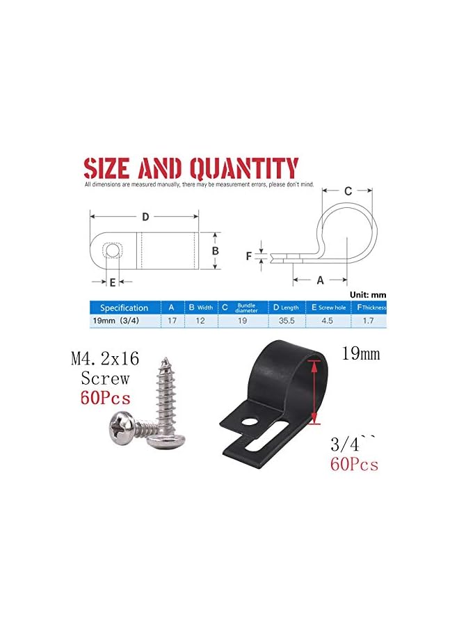 promass 60Pcs Plastic Cable Clamp R Type Screw Mounting Cord Fastener Cable Clips with Screws for Wire Management Cable Conduit (3/4inch, Black) - Image 2