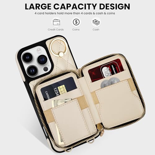 Keallce Case for iPhone 16 Pro 63 Wallet Case Crossbody Zipper Purse with Wristlet for Women RFID Blocking Card Holders 360 Ring Kickstand Flip Leather Case for iPhone 16 Pro Beige - Image 3