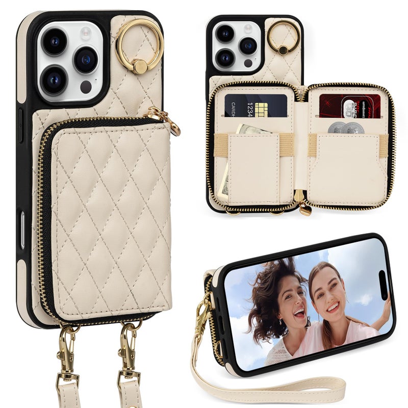 Keallce Case for iPhone 16 Pro 63 Wallet Case Crossbody Zipper Purse with Wristlet for Women RFID Blocking Card Holders 360 Ring Kickstand Flip Leather Case for iPhone 16 Pro Beige - Image 2