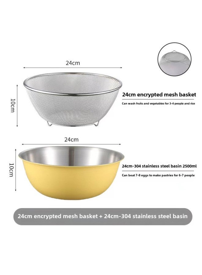 304 Stainless Steel Drain Basket For Vegetable Washing Blue Vegetable Basin With Scale Salad Bowl Rice Washing Egg Basin Drain Basin Set-Specifications:24CM-custard Yellow-304 Basin-two-piece Set-Color:Two Colors Available - Image 1