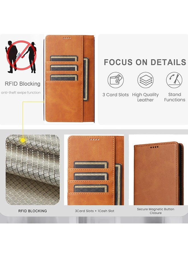 Farahom - Flip Wallet Case for Samsung Galaxy S23 Ultra Case with RFID Blocking, PU Leather Shockproof Protective Folio Cover with Kickstand, and 3 Card Holder, Brown - Image 1