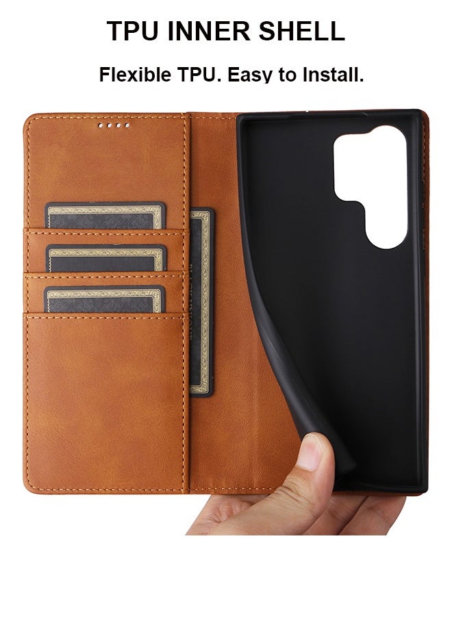 Farahom - Flip Wallet Case for Samsung Galaxy S23 Ultra Case with RFID Blocking, PU Leather Shockproof Protective Folio Cover with Kickstand, and 3 Card Holder, Brown - Image 1