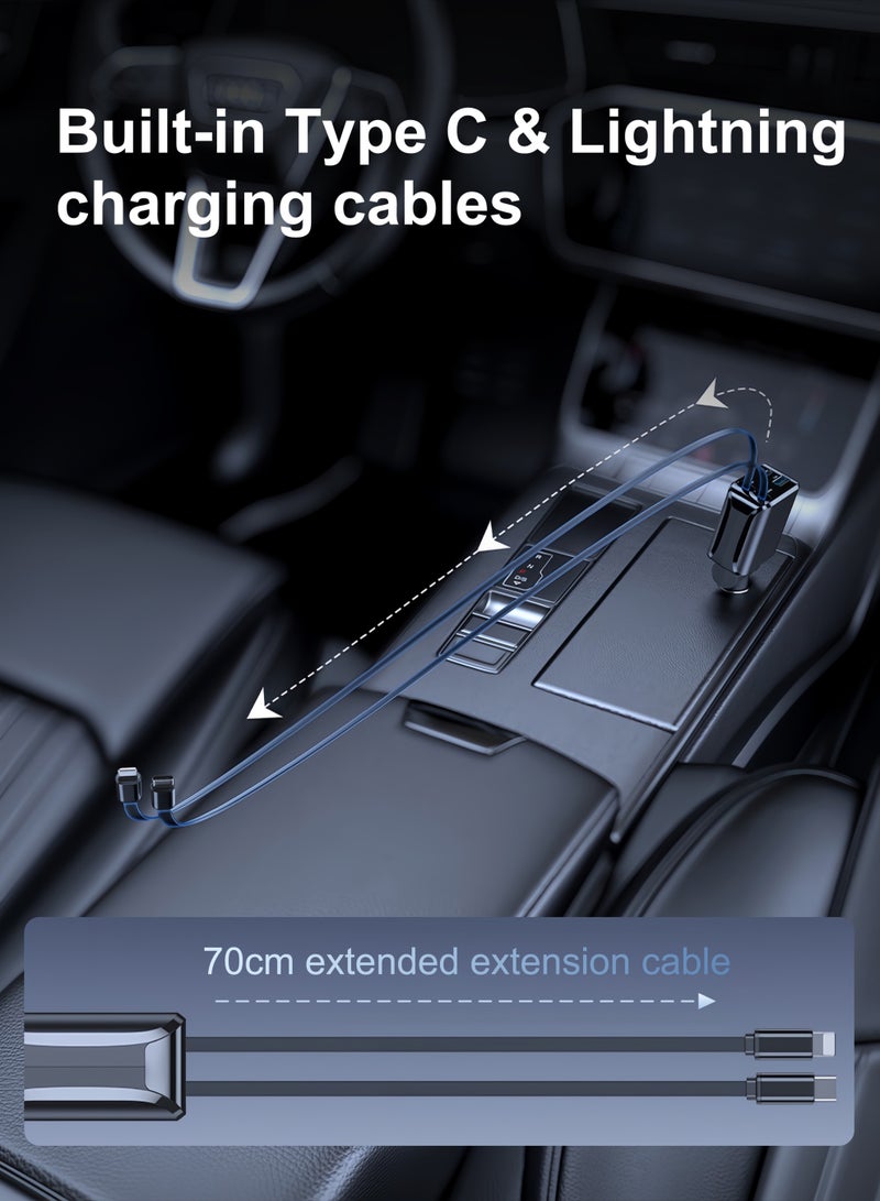 شاحن سيارة سريع، كابل Type-C وLightning قابل للسحب، متوافق مع واجهات ولاعة السجائر 12 فولت و24 فولت، زاوية قابلة للتعديل، USB وPD Type-C، مناسب لأجهزة iPhone وiPad وSamsung وغيرها من هواتف Android - Image 3