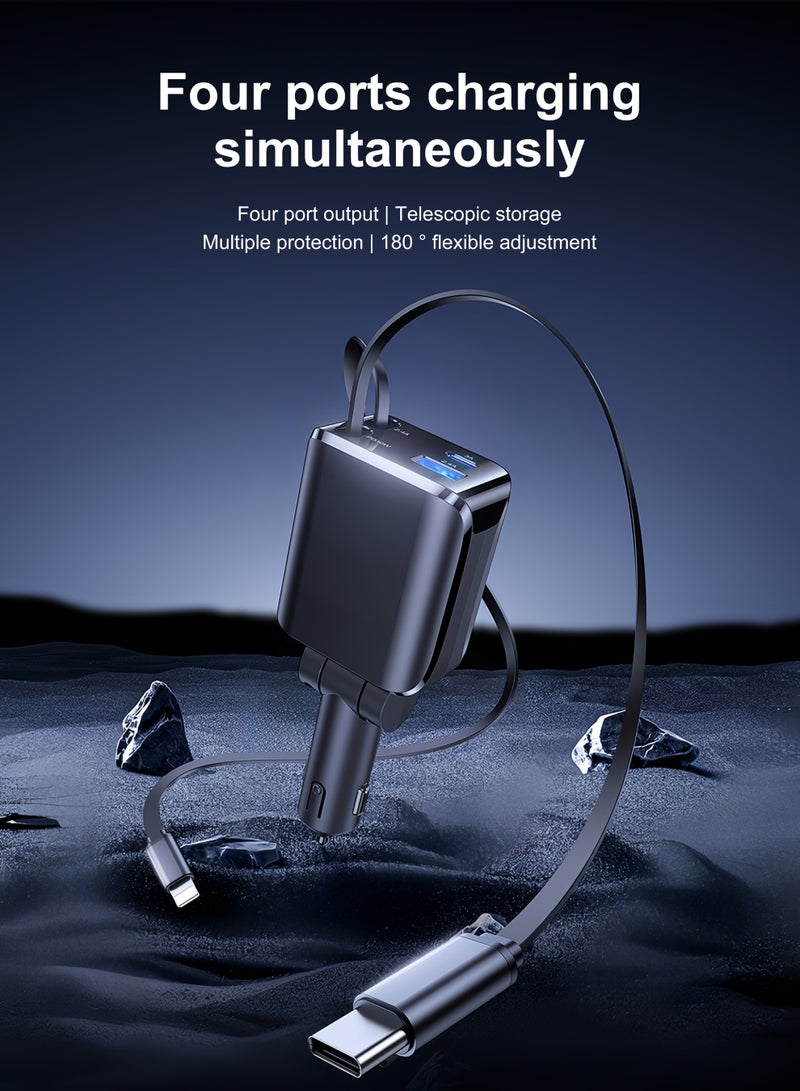 شاحن سيارة سريع، كابل Type-C وLightning قابل للسحب، متوافق مع واجهات ولاعة السجائر 12 فولت و24 فولت، زاوية قابلة للتعديل، USB وPD Type-C، مناسب لأجهزة iPhone وiPad وSamsung وغيرها من هواتف Android - Image 4